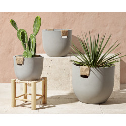 Pot fibre d'argile rond gris poignée en corde Ø30xH24cm